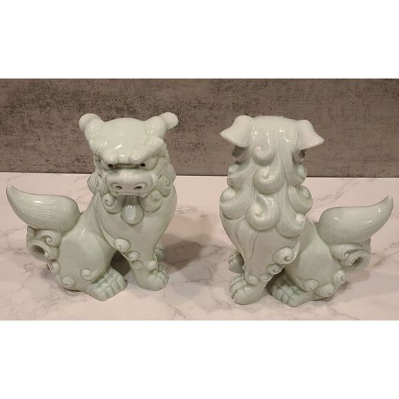 Foo Dogs 6" Green Wash Porcelain Shishi Figurines Vintage Set of 2 Komainu EUC - Picture 8 of 15